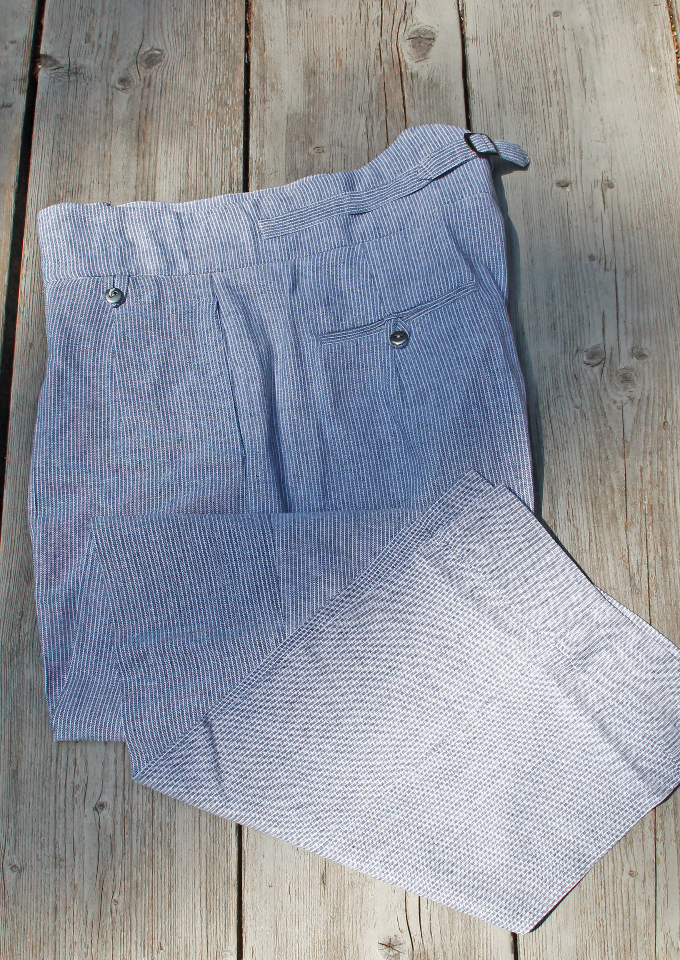 1940s fishtail back trousers striped linen